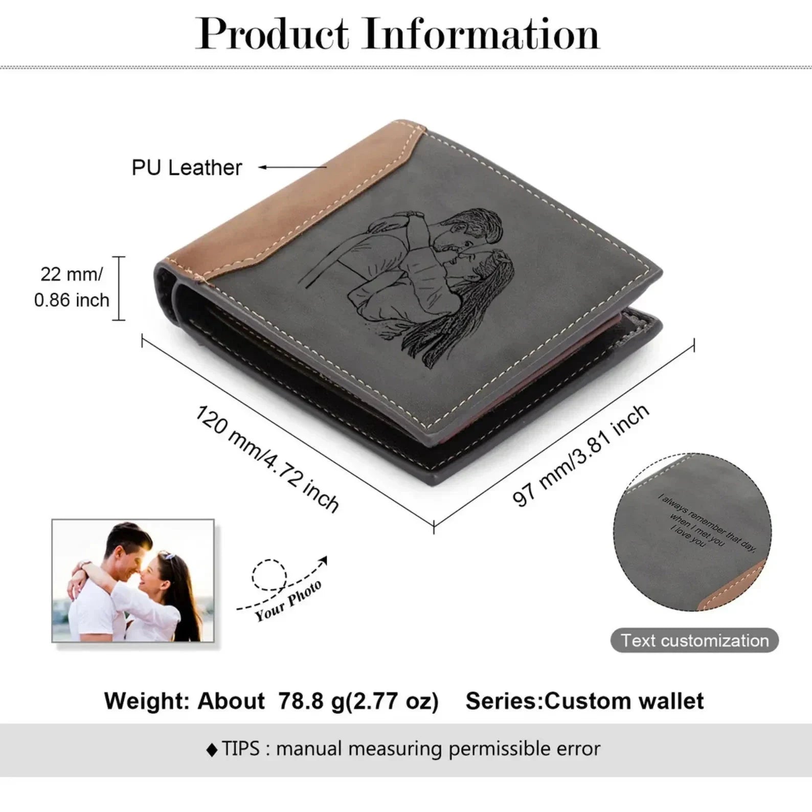 Custom Photo Engraved Men's Wallet – Personalized Dual-Tone Leather Bifold with Laser-Etched Picture and Monogram