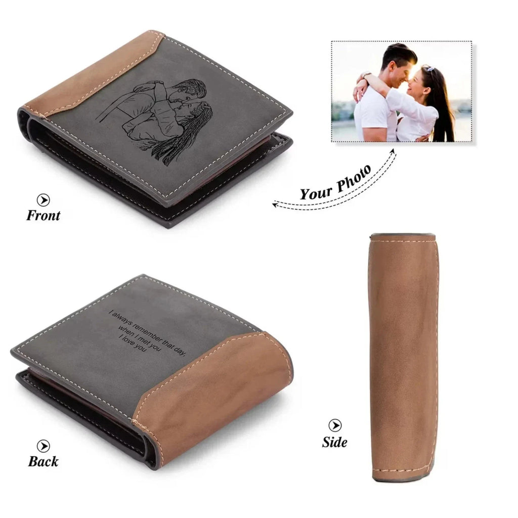 Custom Photo Engraved Men's Wallet – Personalized Dual-Tone Leather Bifold with Laser-Etched Picture and Monogram