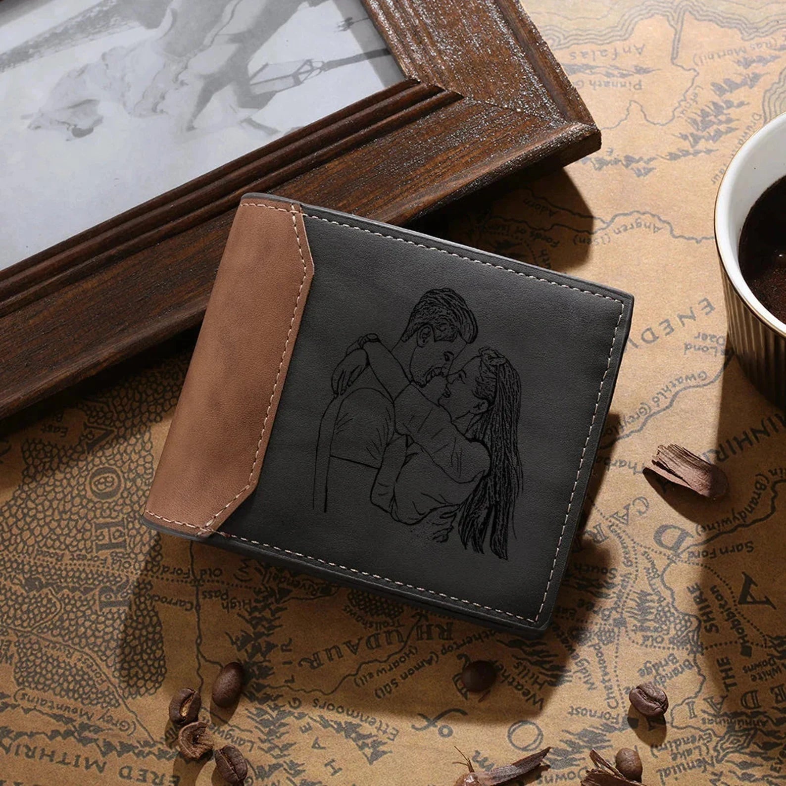Custom Photo Engraved Men's Wallet – Personalized Dual-Tone Leather Bifold with Laser-Etched Picture and Monogram