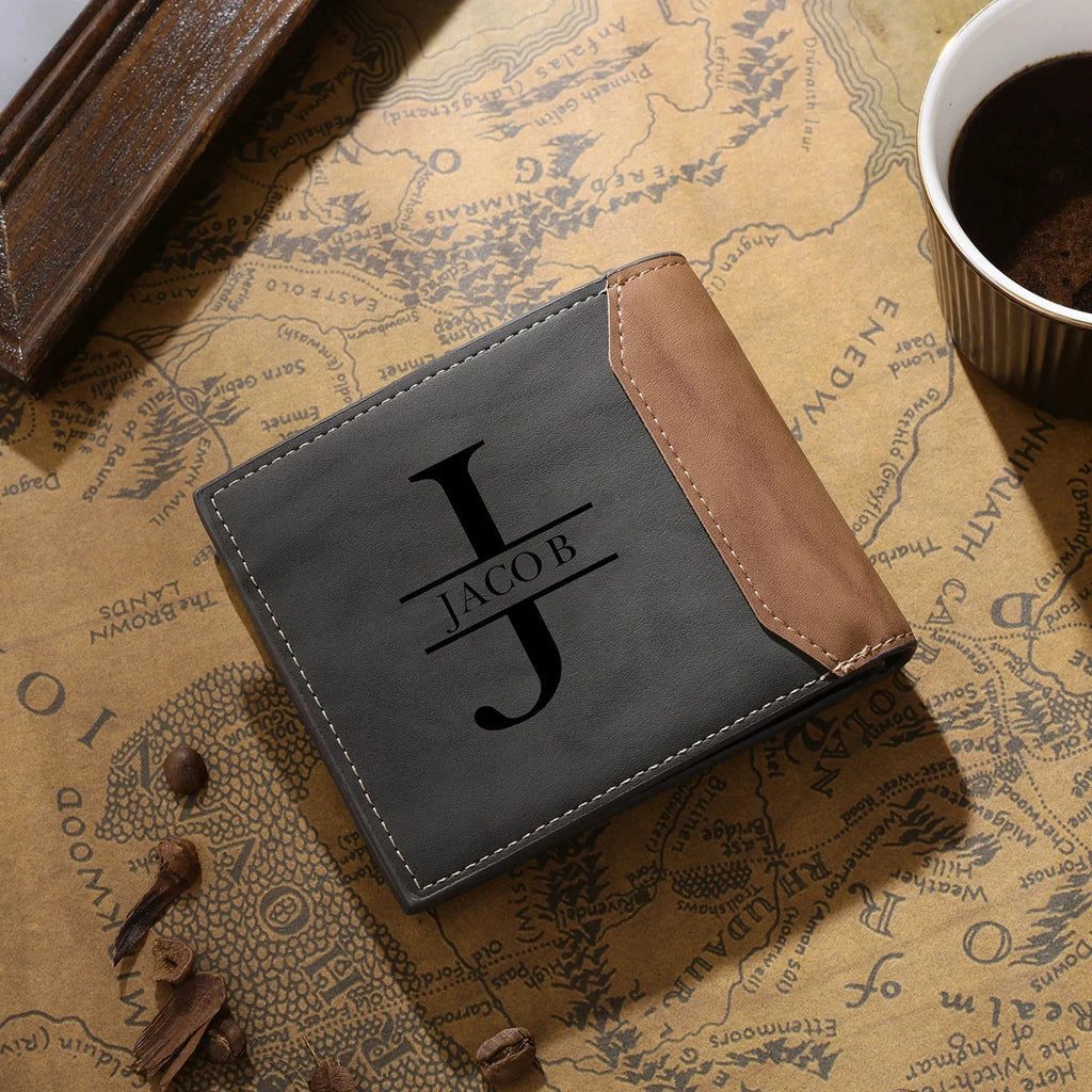 Custom Photo Engraved Men's Wallet – Personalized Dual-Tone Leather Bifold with Laser-Etched Picture and Monogram