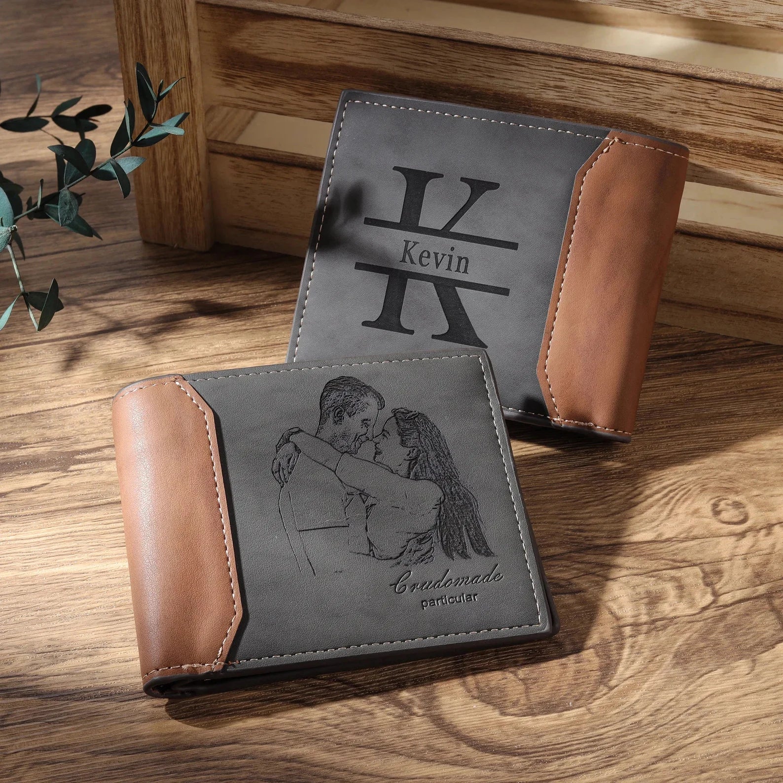Custom Photo Engraved Men's Wallet – Personalized Dual-Tone Leather Bifold with Laser-Etched Picture and Monogram