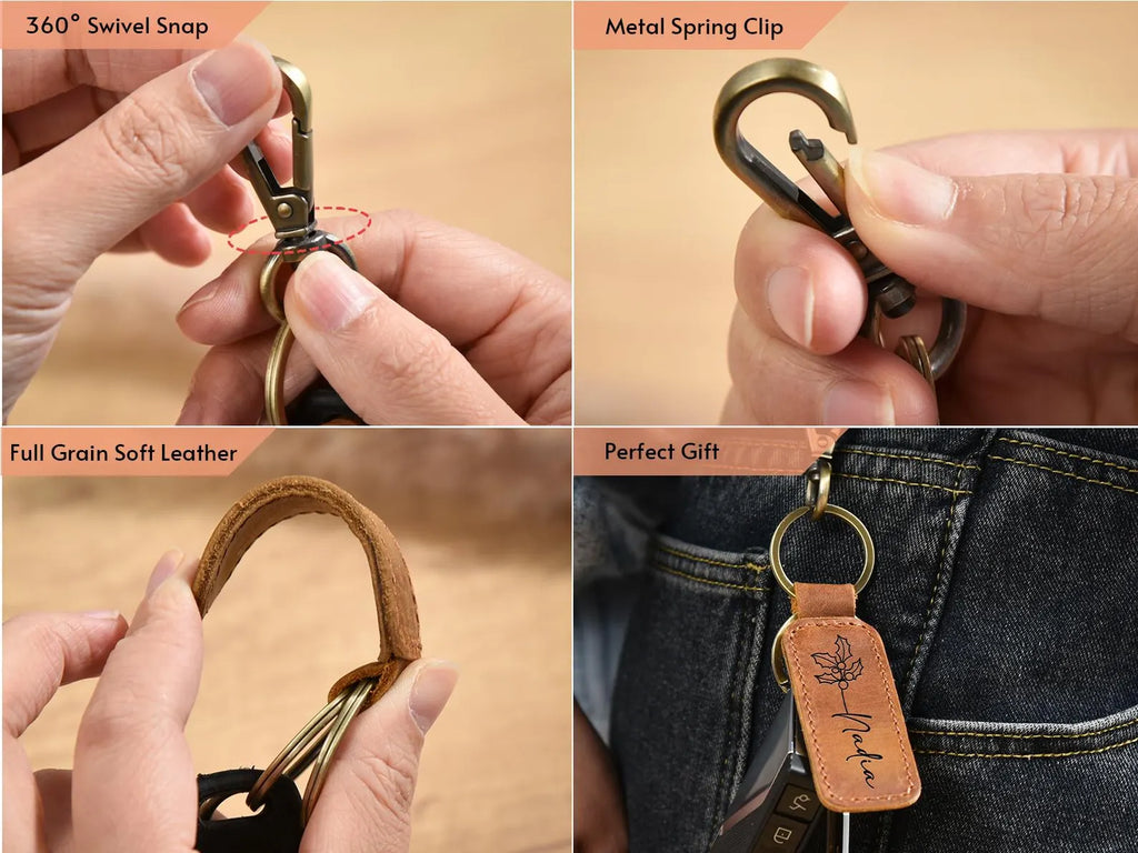 The Heritage Clip:Personalized Full-Grain Leather Lobster Clasp Keychain