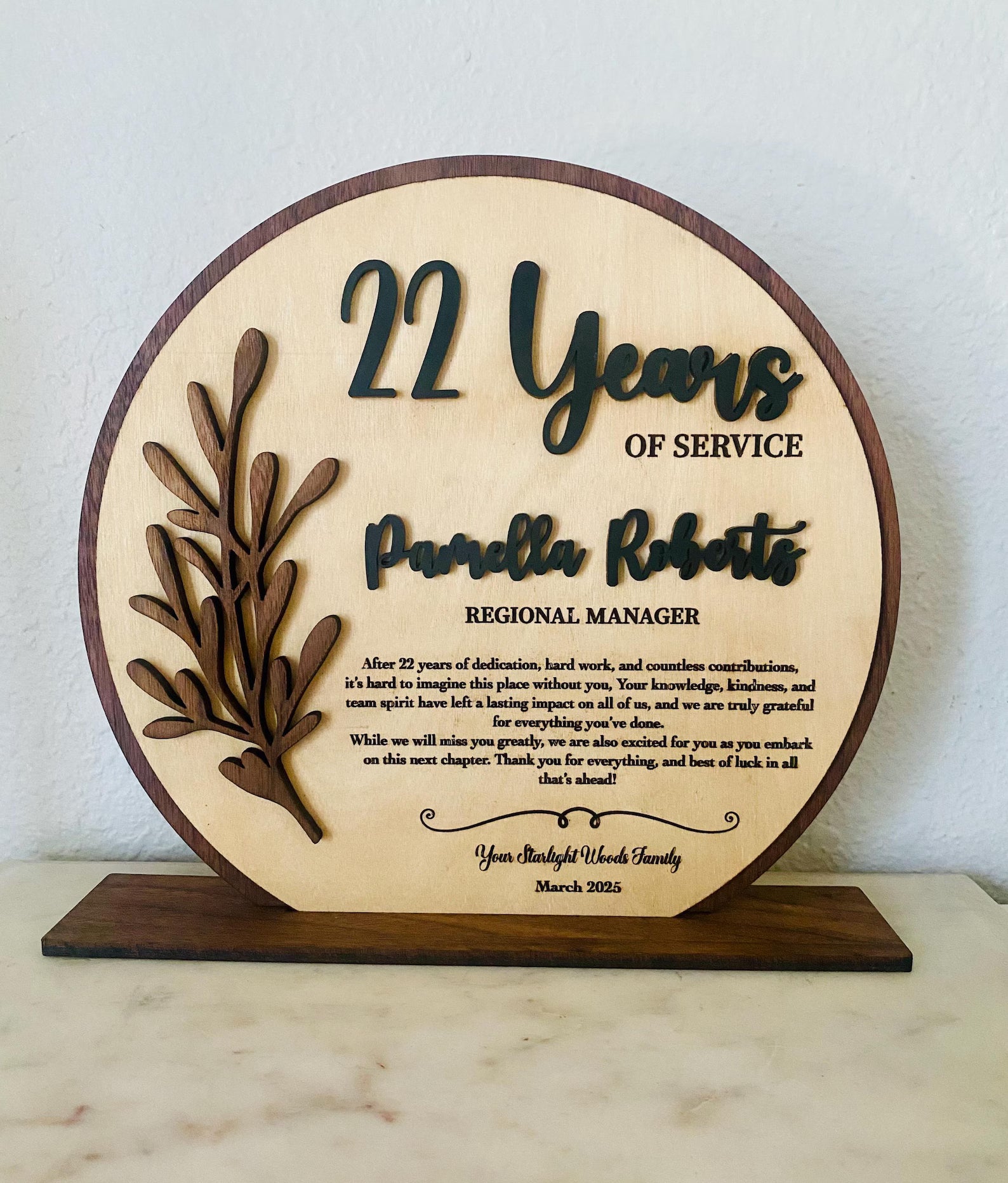 Custom 3D Layered Wood & Gold Acrylic Recognition Plaque | Personalized Years of Service Award