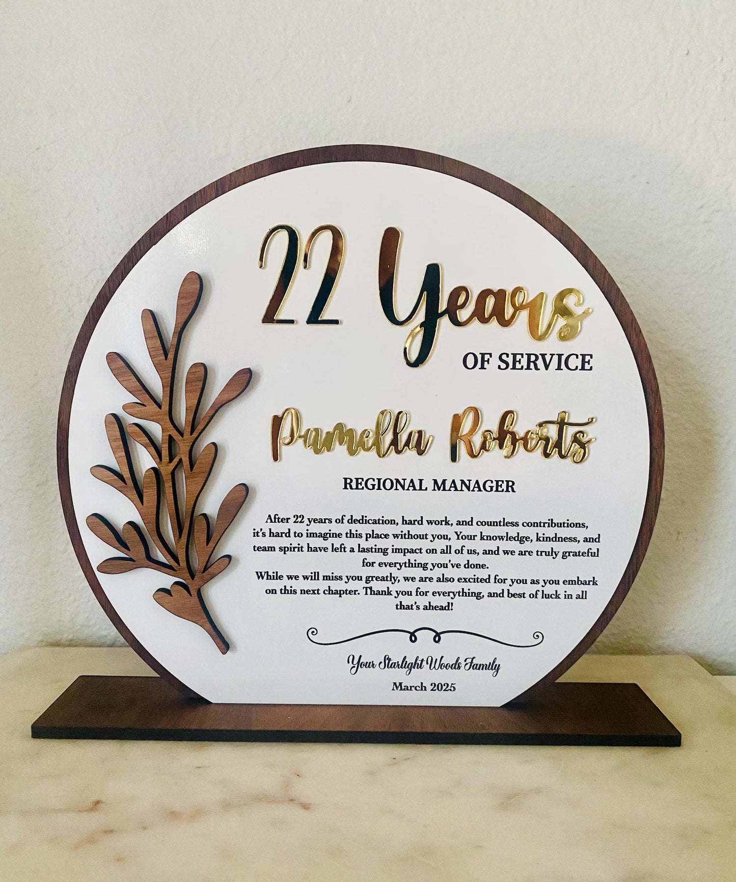 Custom 3D Layered Wood & Gold Acrylic Recognition Plaque | Personalized Years of Service Award