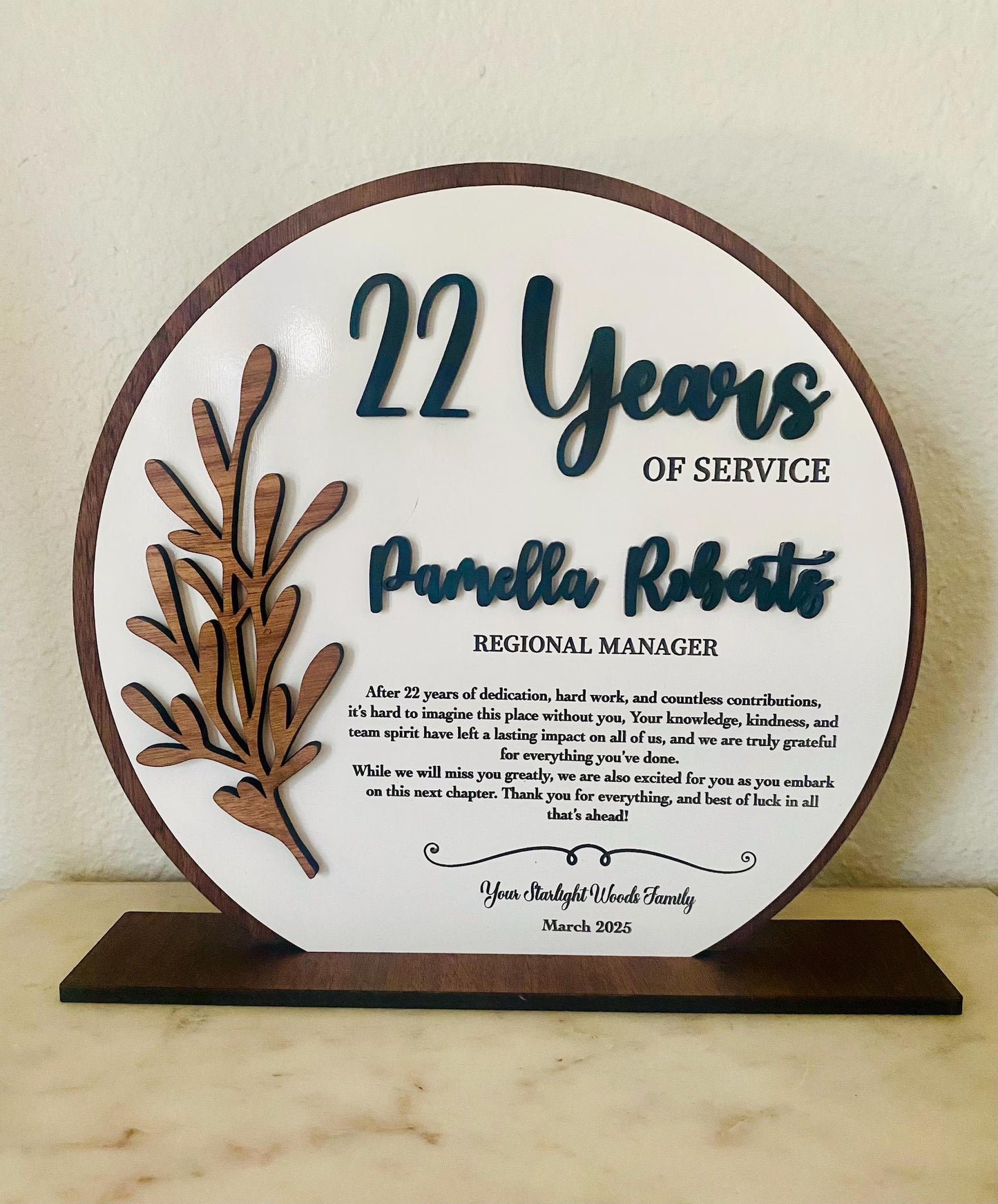 Custom 3D Layered Wood & Gold Acrylic Recognition Plaque | Personalized Years of Service Award