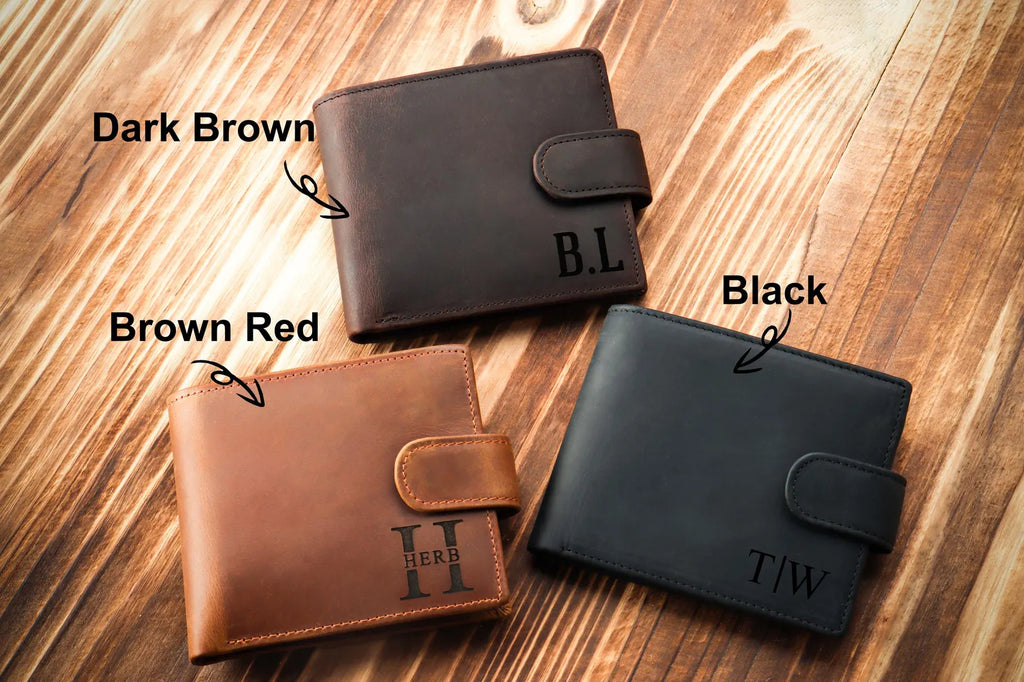 Luxury Personalized Men's Wallet with Snap Closure – Custom Engraved Leather Bifold in Premium Gift Box