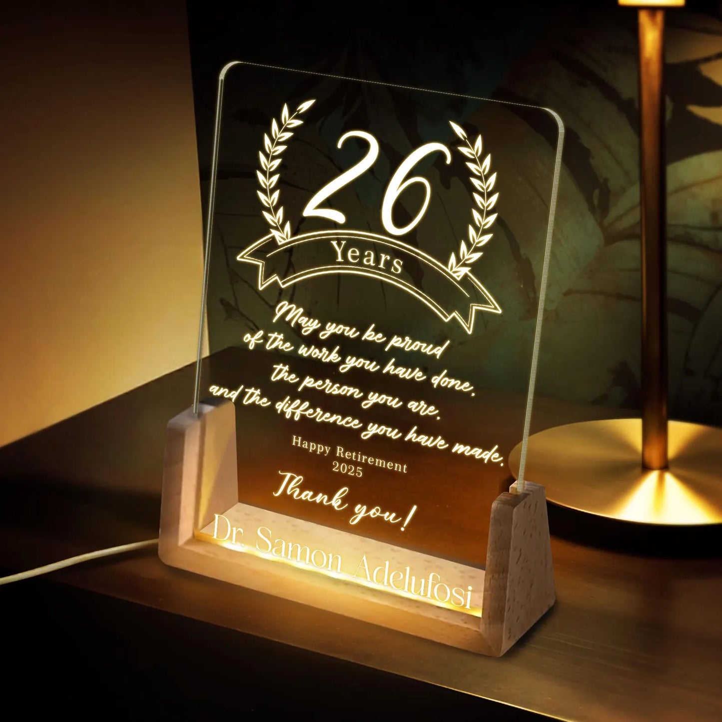 Custom LED Retirement Recognition Plaque | Personalized Edge-Lit Acrylic Award with Wooden Base