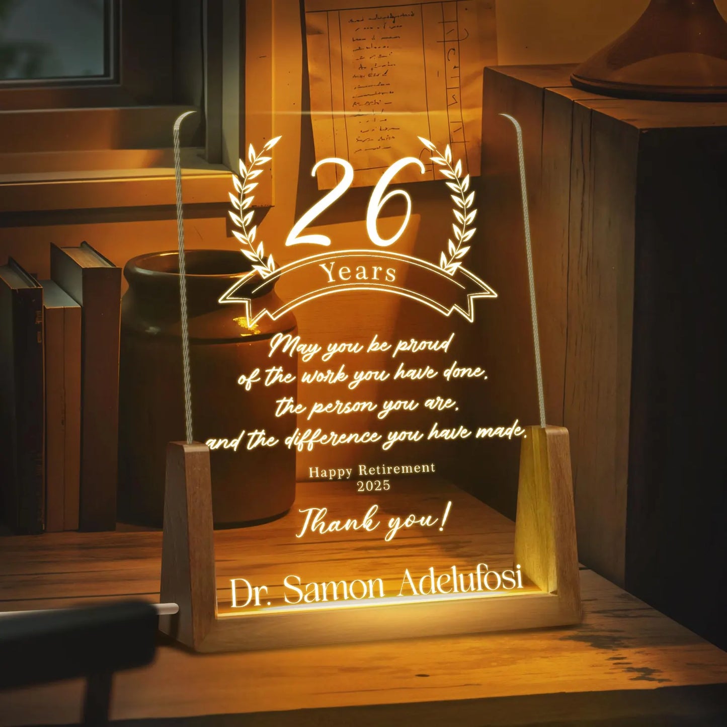 Custom LED Retirement Recognition Plaque | Personalized Edge-Lit Acrylic Award with Wooden Base