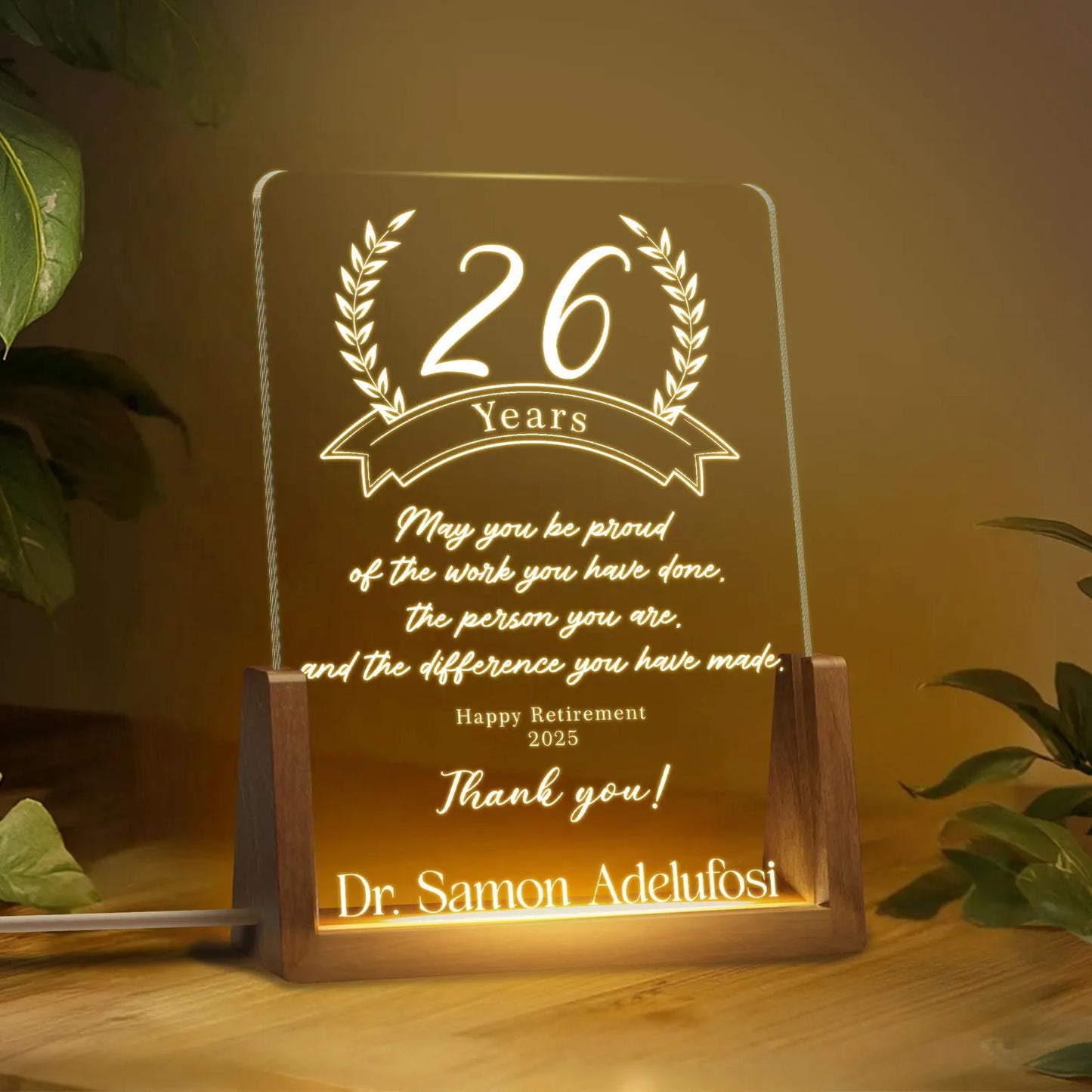 Custom LED Retirement Recognition Plaque | Personalized Edge-Lit Acrylic Award with Wooden Base