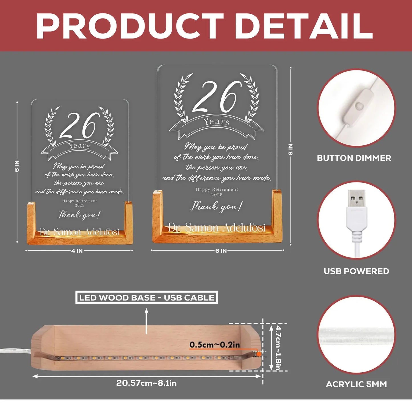 Custom LED Retirement Recognition Plaque | Personalized Edge-Lit Acrylic Award with Wooden Base