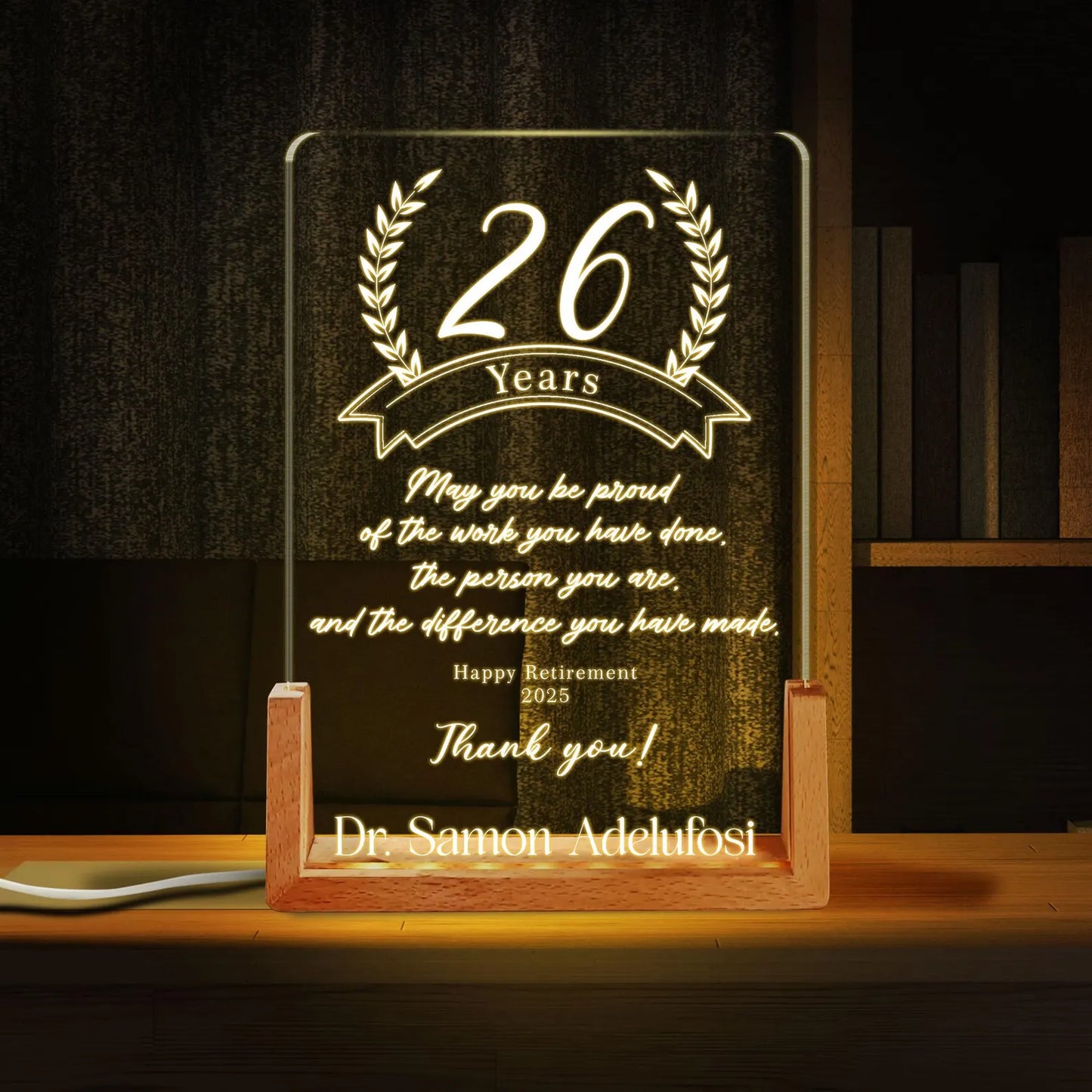 Custom LED Retirement Recognition Plaque | Personalized Edge-Lit Acrylic Award with Wooden Base