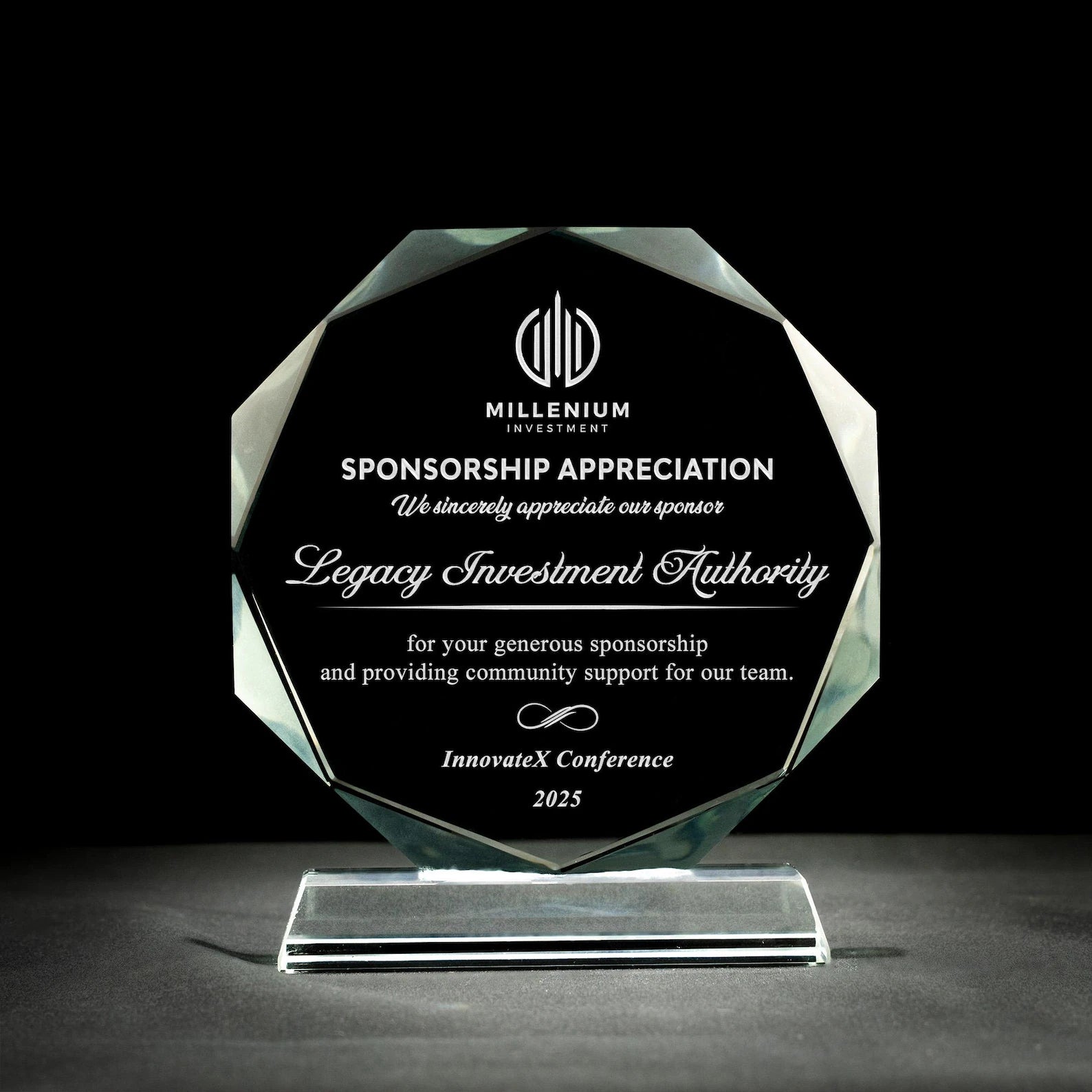 Premium Faceted Crystal Recognition Award | Custom Engraved Corporate Sponsorship Plaque