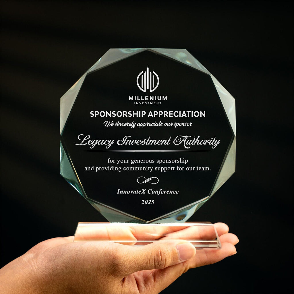 Premium Faceted Crystal Recognition Award | Custom Engraved Corporate Sponsorship Plaque