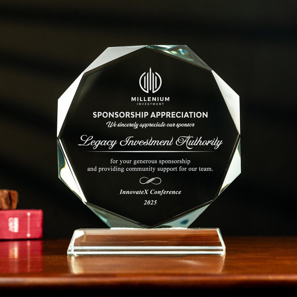 Premium Faceted Crystal Recognition Award | Custom Engraved Corporate Sponsorship Plaque