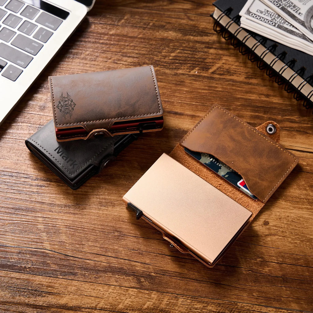 Slim Personalized Pop-Up RFID Wallet – Custom Engraved Minimalist Card Holder with Automatic Quick-Access Lever