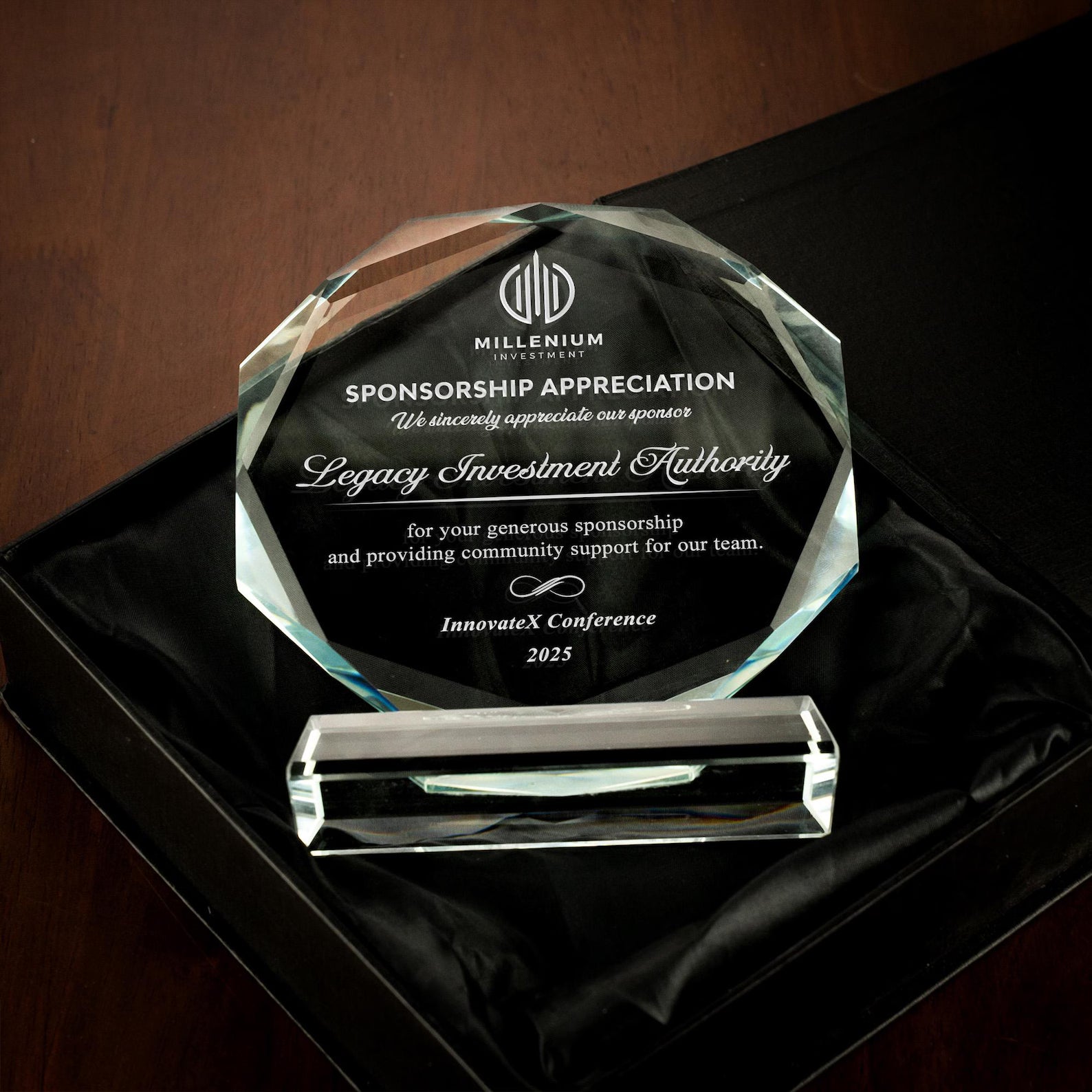 Premium Faceted Crystal Recognition Award | Custom Engraved Corporate Sponsorship Plaque