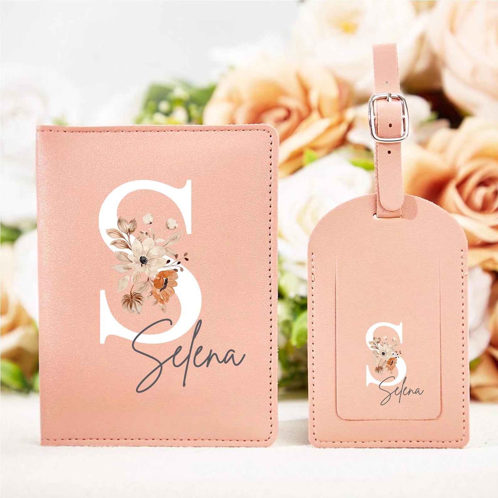 Personalized Floral Initial Passport Holder & Luggage Tag Set