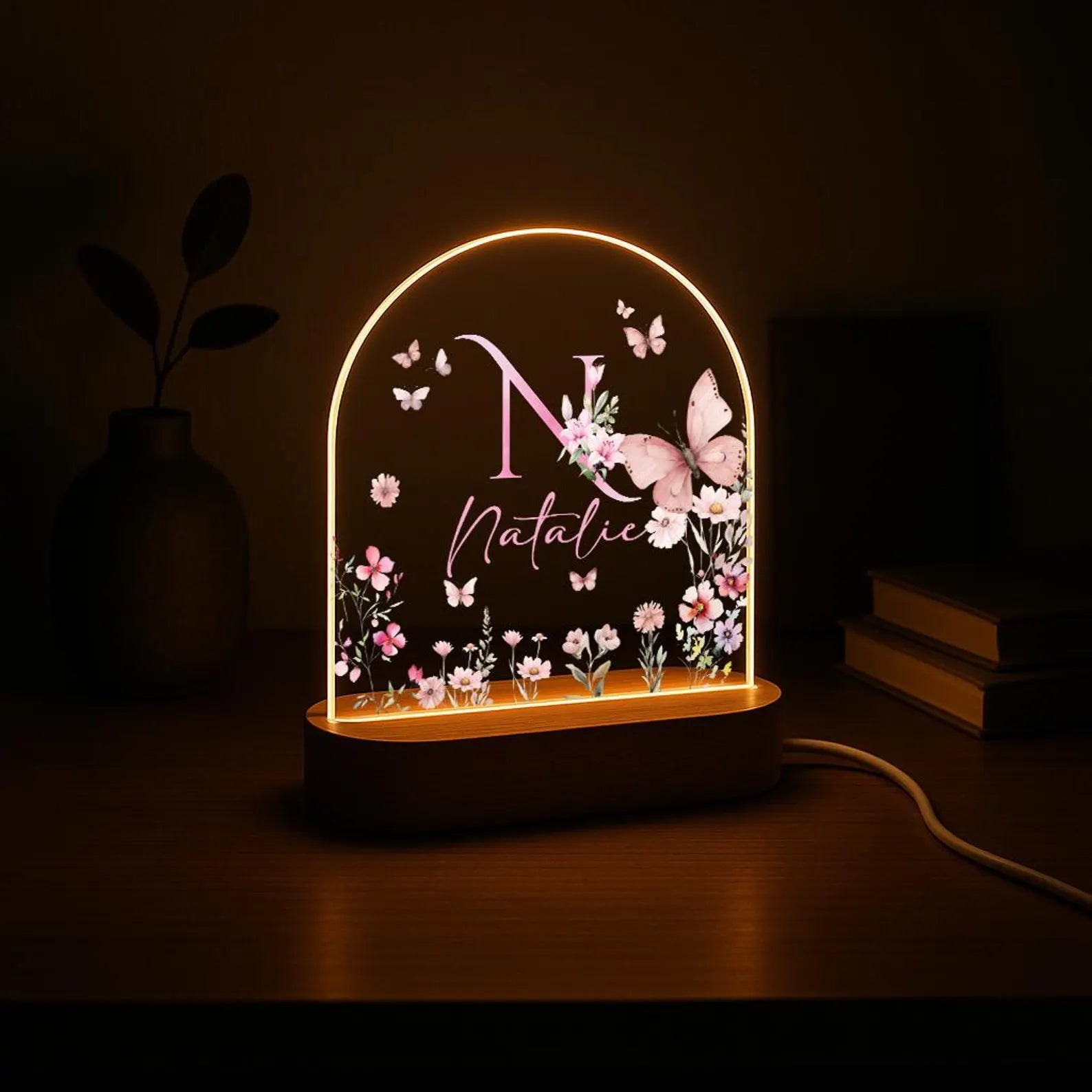 Personalized Floral Initial LED Night Light – Custom Name Acrylic Desktop Lamp with Enchanting Butterfly & Flower Design