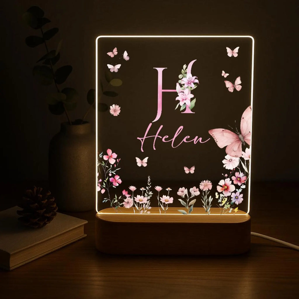 Personalized Floral Initial LED Night Light – Custom Name Acrylic Desktop Lamp with Enchanting Butterfly & Flower Design