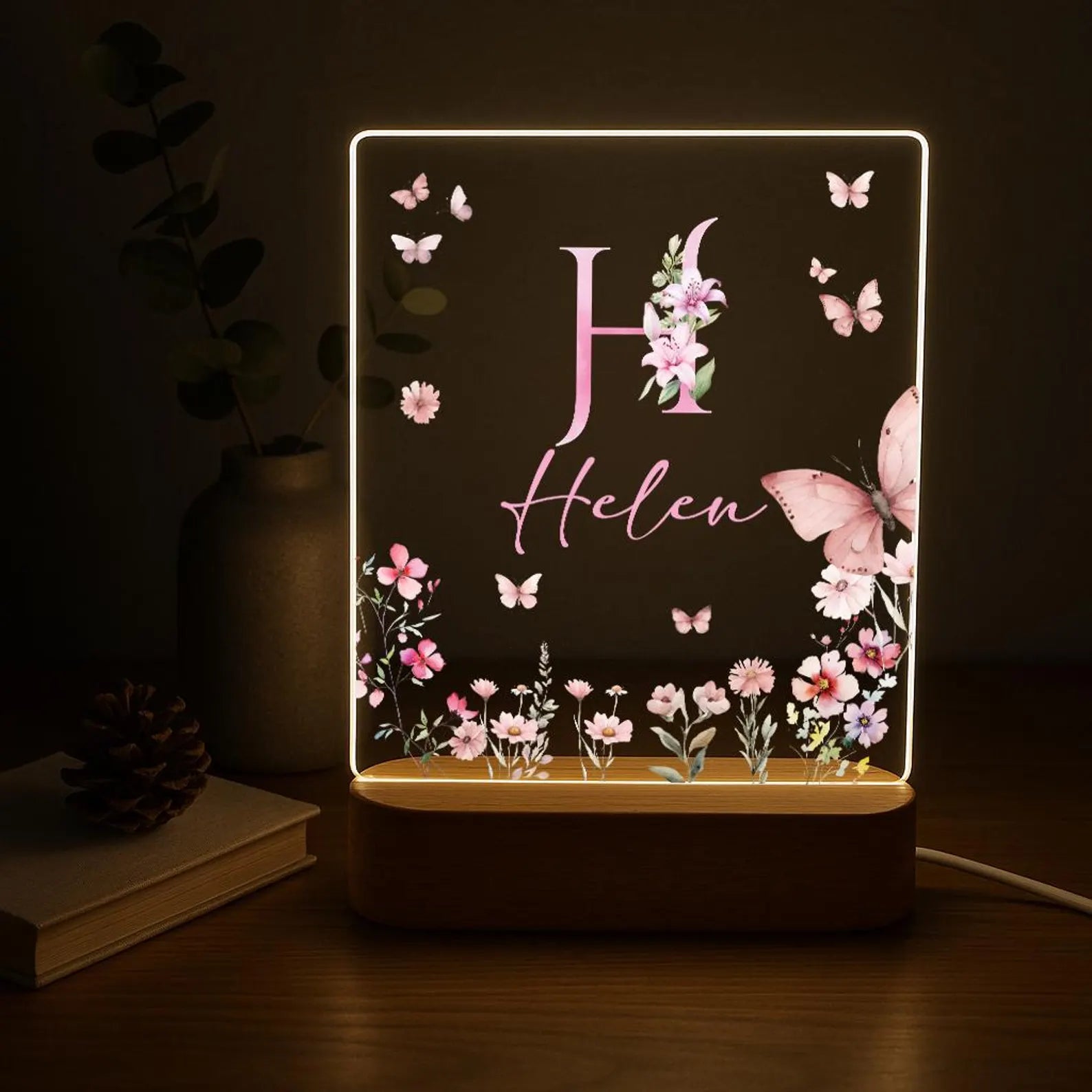Personalized Floral Initial LED Night Light – Custom Name Acrylic Desktop Lamp with Enchanting Butterfly & Flower Design