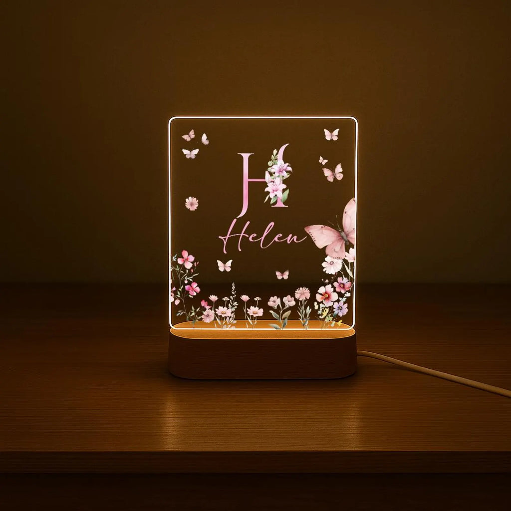 Personalized Floral Initial LED Night Light – Custom Name Acrylic Desktop Lamp with Enchanting Butterfly & Flower Design
