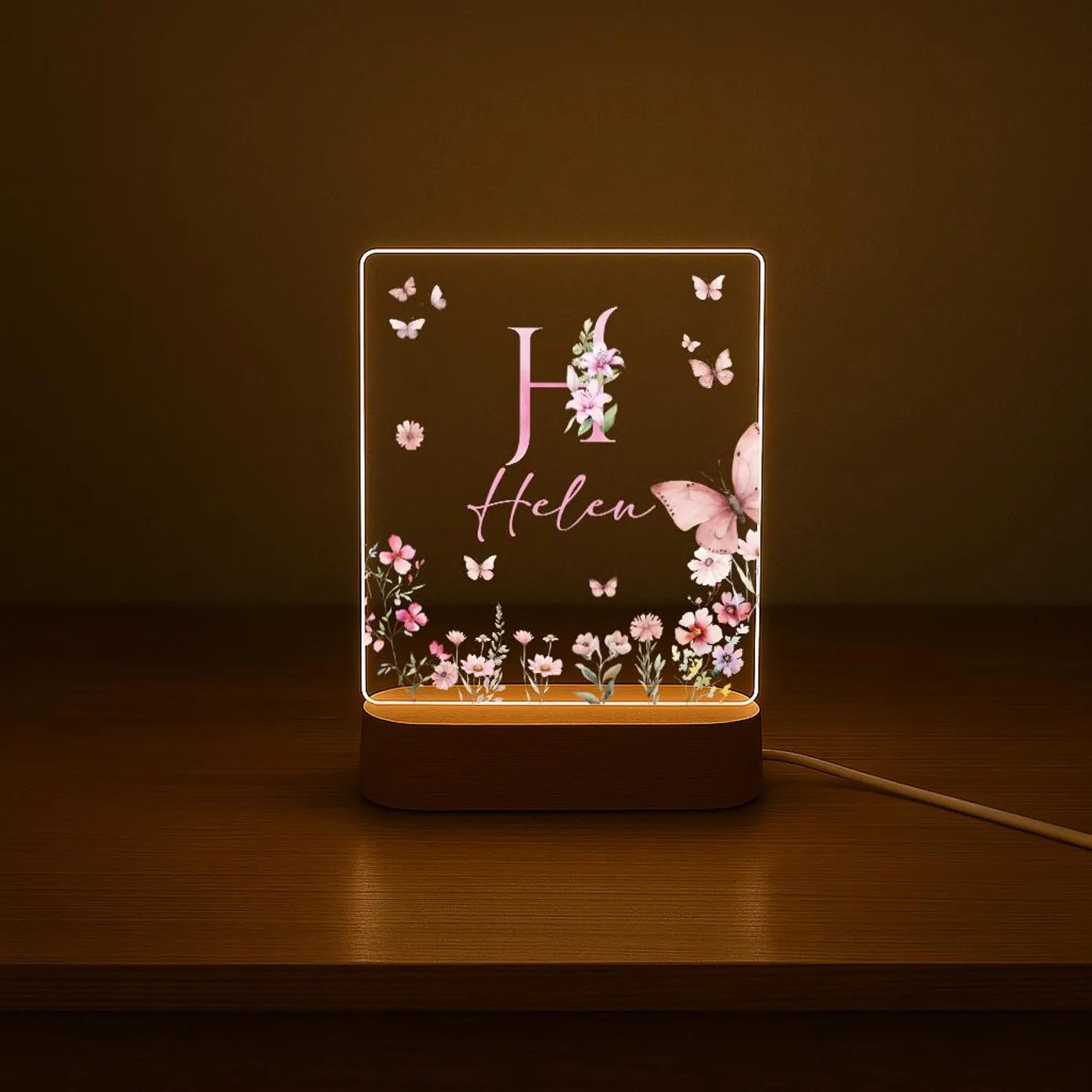 Personalized Floral Initial LED Night Light – Custom Name Acrylic Desktop Lamp with Enchanting Butterfly & Flower Design