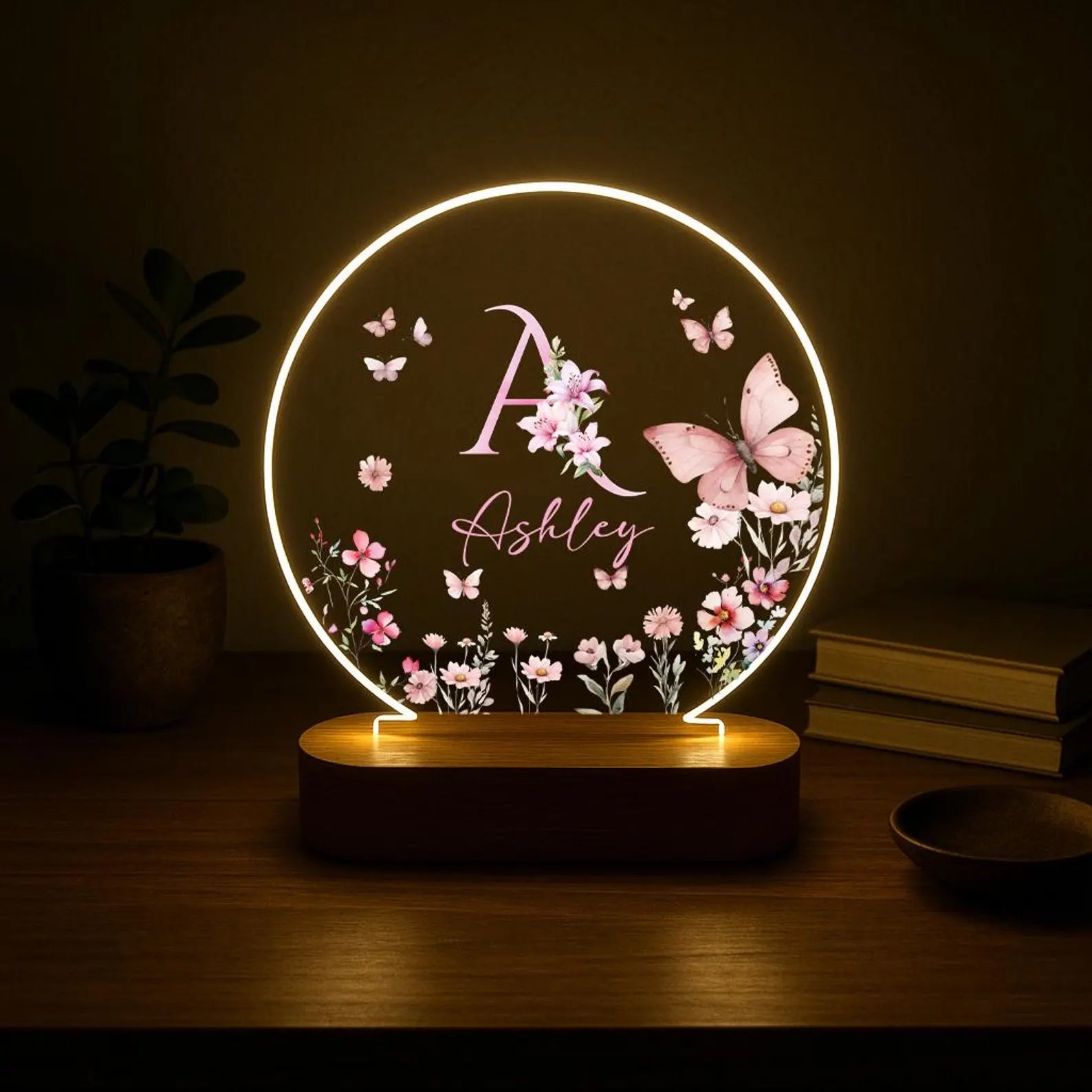 Personalized Floral Initial LED Night Light – Custom Name Acrylic Desktop Lamp with Enchanting Butterfly & Flower Design