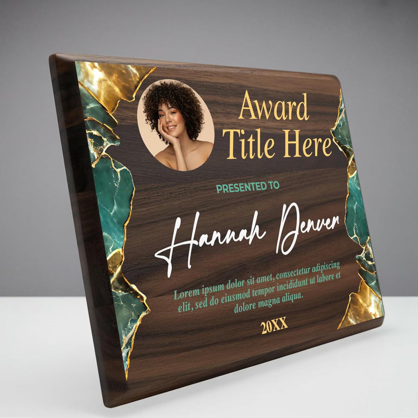 Premium Walnut Wood & Gold Geode Recognition Plaque | Personalized Photo Award with Emerald Marble AccentsPremium Walnut Wood & Gold Geode Recognition Plaque | Personalized Photo Award with Emerald Marble Accents
