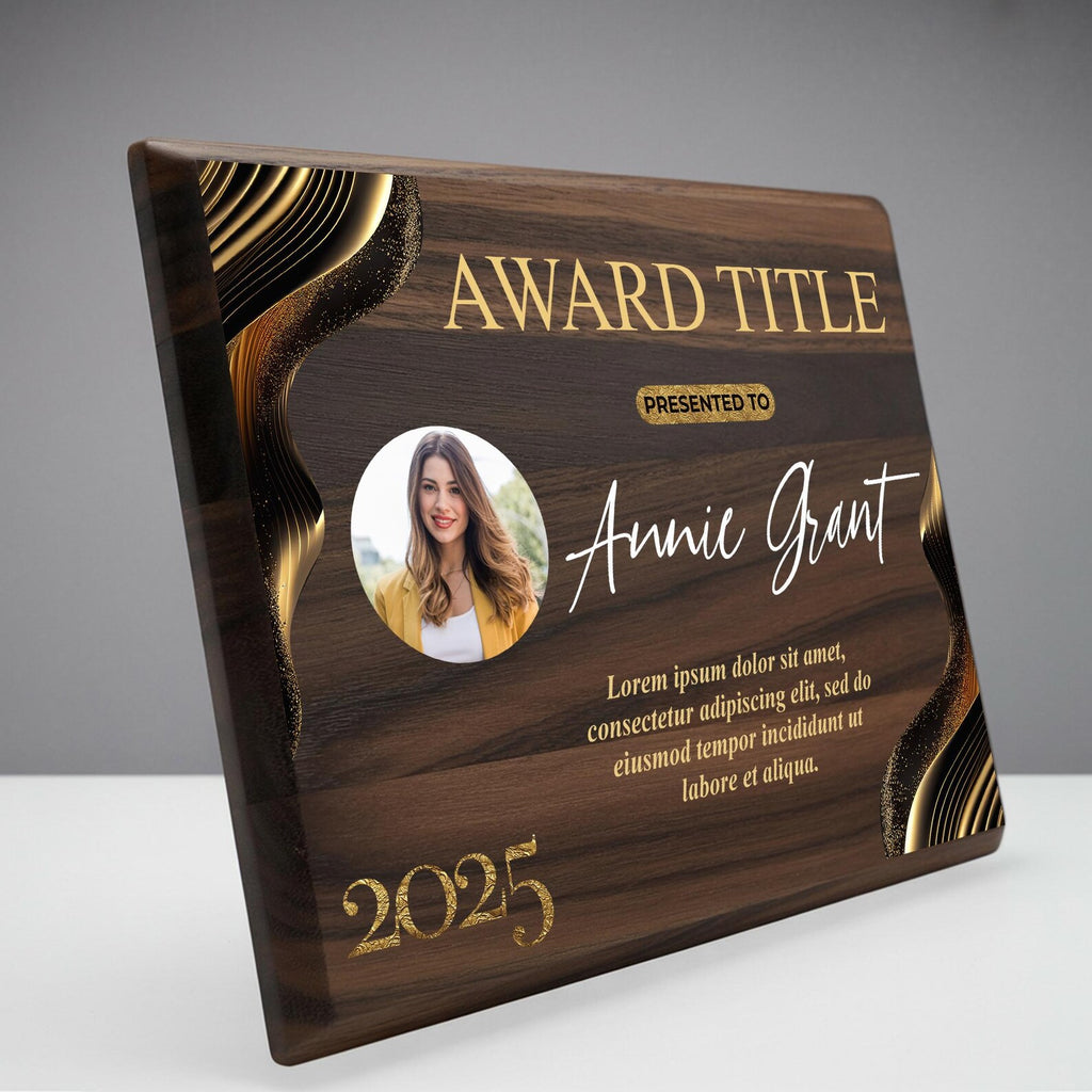 Premium Walnut Wood & Gold Geode Recognition Plaque | Personalized Photo Award with Emerald Marble AccentsPremium Walnut Wood & Gold Geode Recognition Plaque | Personalized Photo Award with Emerald Marble Accents