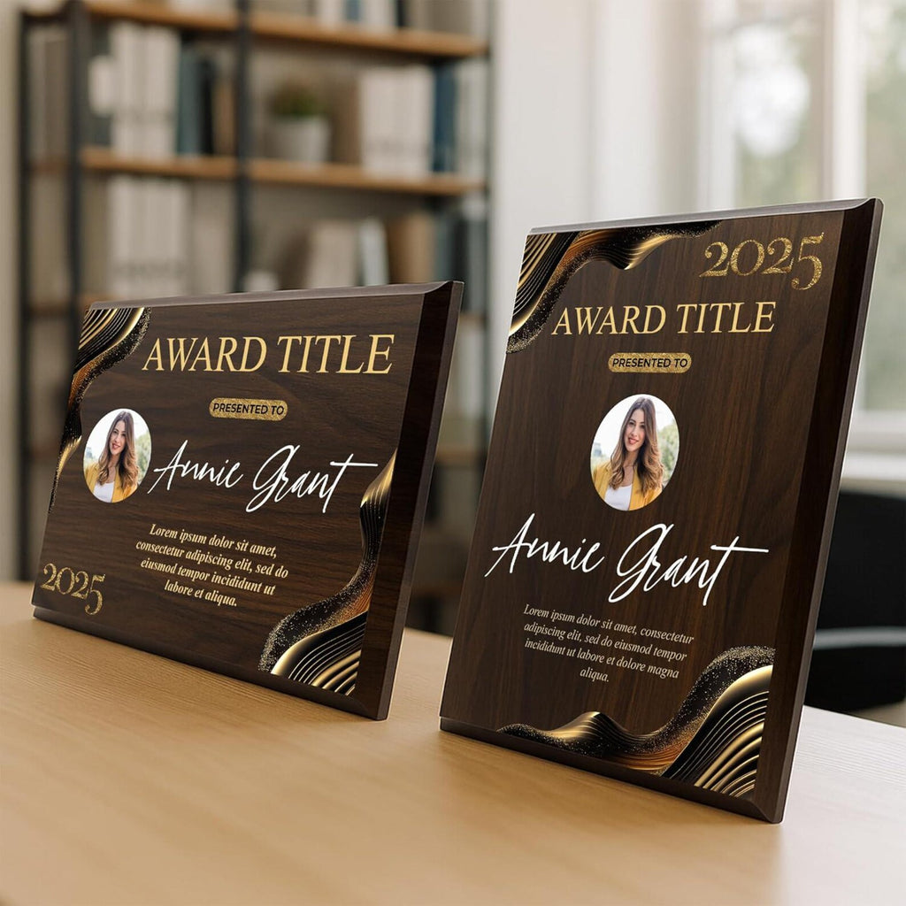 Premium Walnut Wood & Gold Geode Recognition Plaque | Personalized Photo Award with Emerald Marble AccentsPremium Walnut Wood & Gold Geode Recognition Plaque | Personalized Photo Award with Emerald Marble Accents