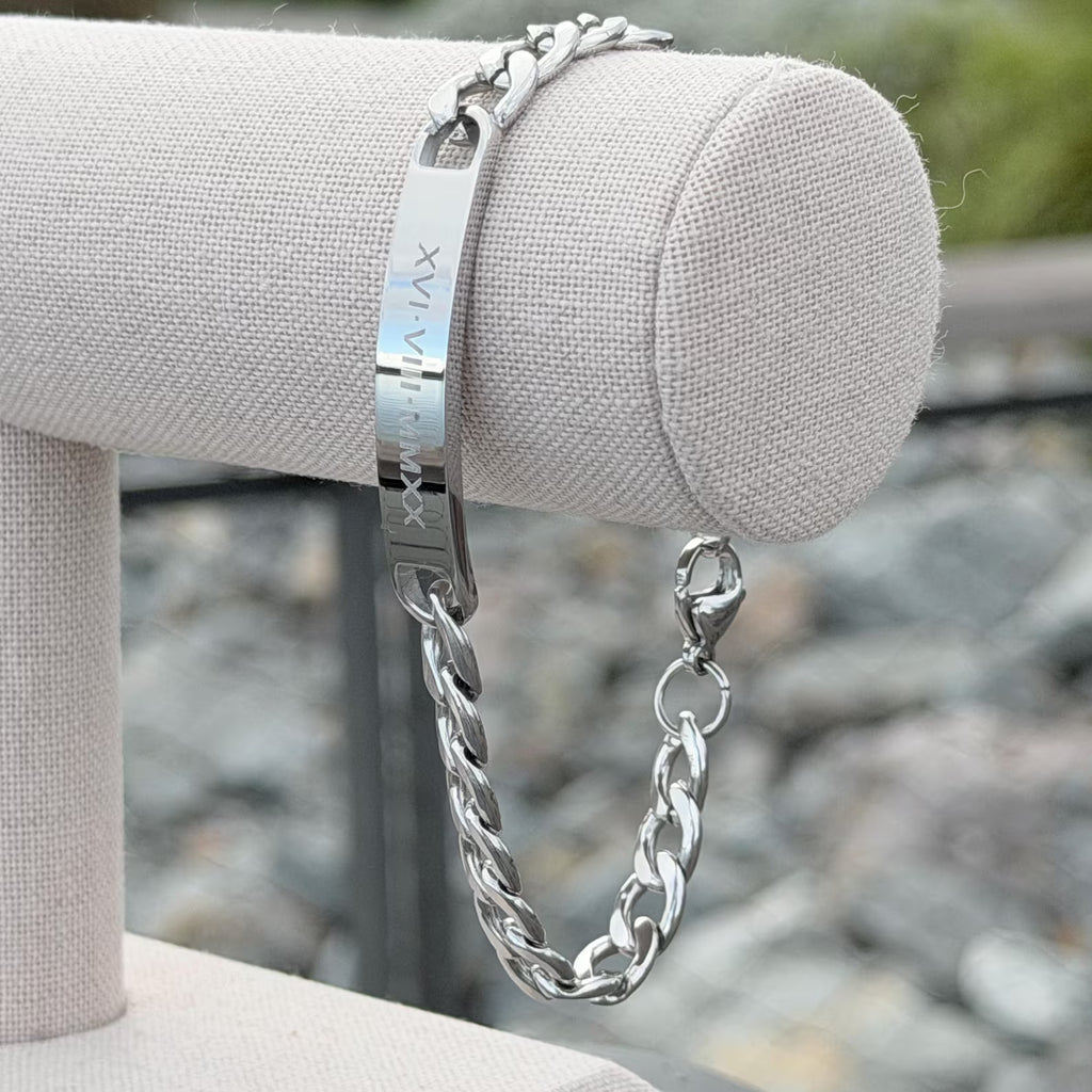 Personalized Engraved Stainless Steel Name Plate Chain Bracelet – Unisex Custom Message Bracelet