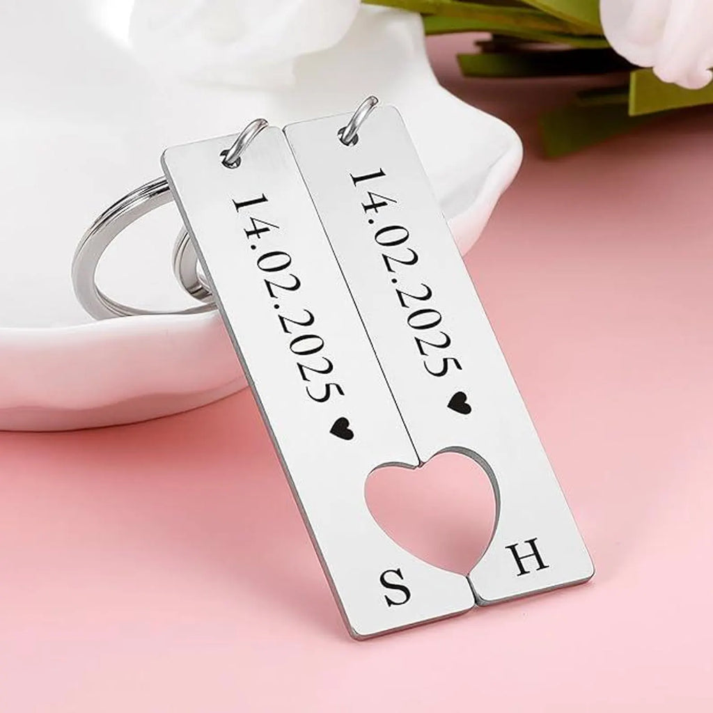 The Perfect Match: Personalized Puzzle Heart Couple's Keychain Set