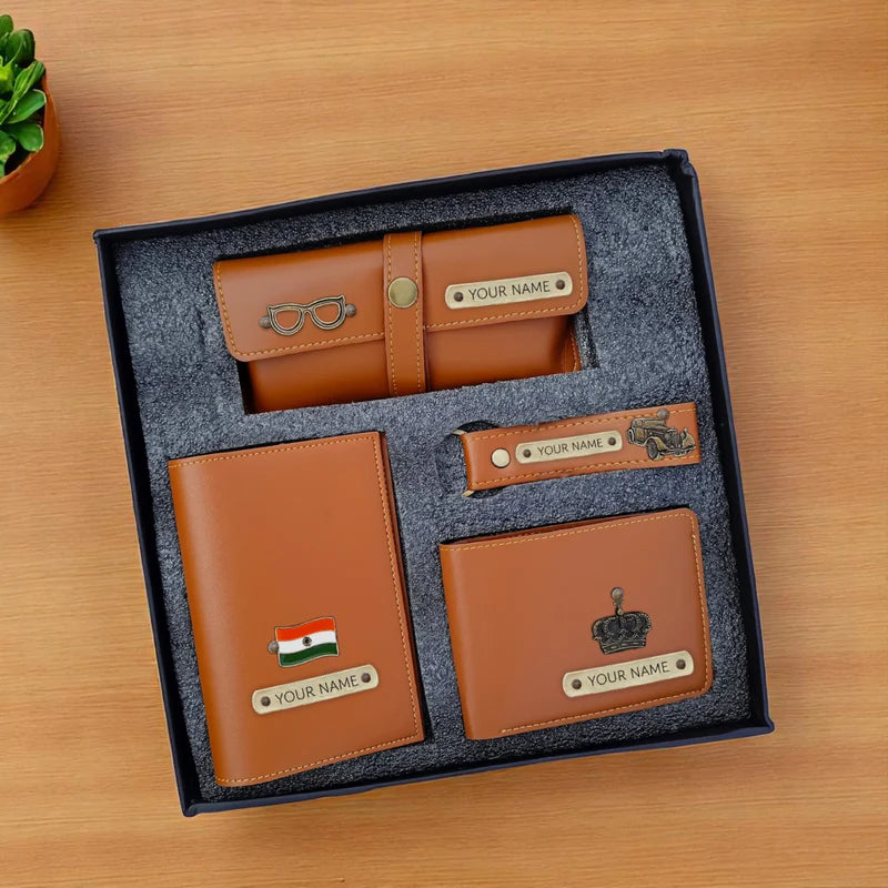 Personalized 4-in-1 Men's Travel Gift Set – Custom Name Passport Cover, Wallet, Eyewear Case & Keychain