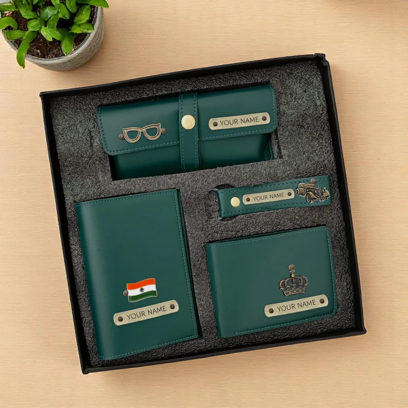 Personalized 4-in-1 Men's Travel Gift Set – Custom Name Passport Cover, Wallet, Eyewear Case & Keychain