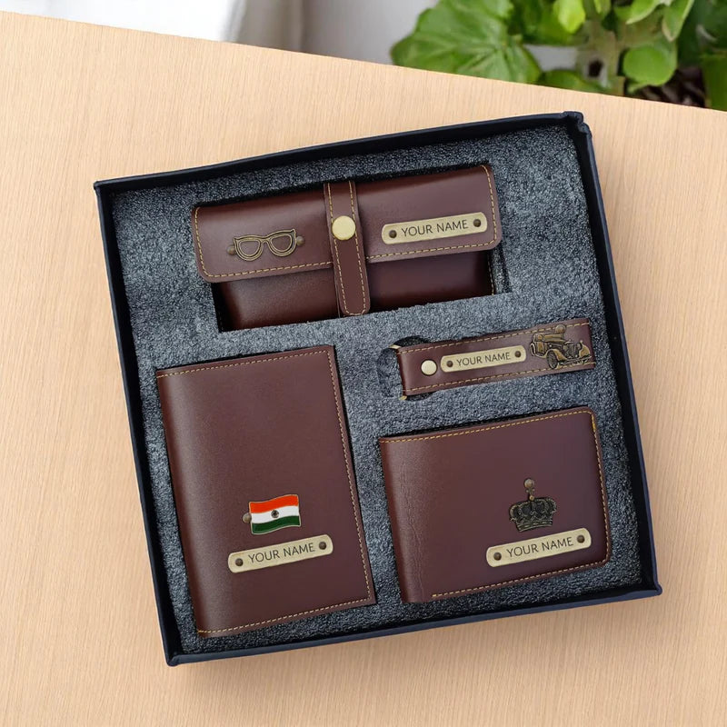 Personalized 4-in-1 Men's Travel Gift Set – Custom Name Passport Cover, Wallet, Eyewear Case & Keychain