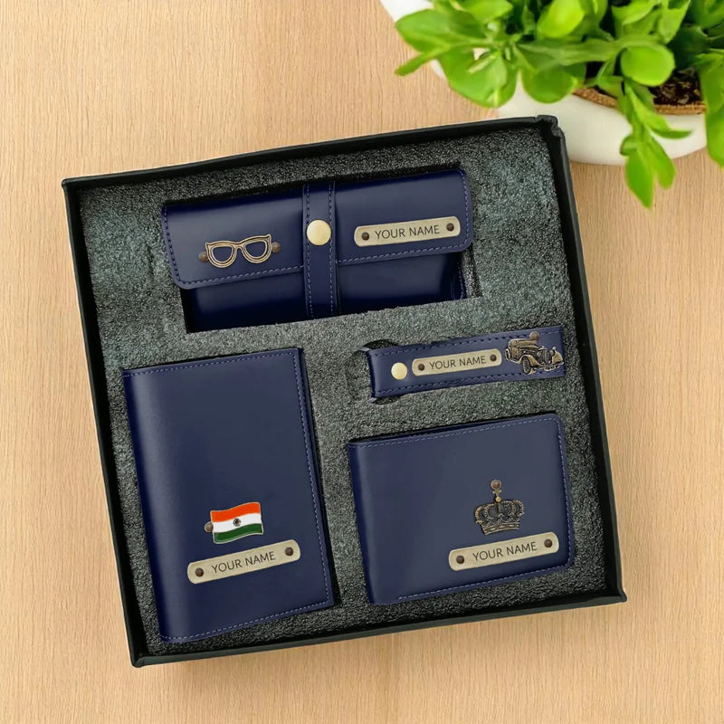 Personalized 4-in-1 Men's Travel Gift Set – Custom Name Passport Cover, Wallet, Eyewear Case & Keychain