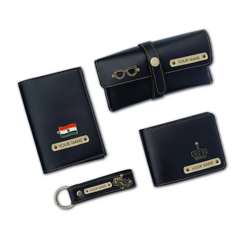 Personalized 4-in-1 Men's Travel Gift Set – Custom Name Passport Cover, Wallet, Eyewear Case & Keychain