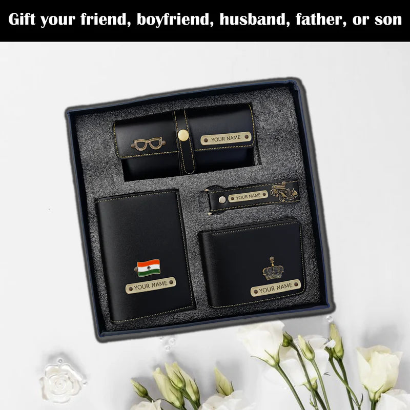 Personalized 4-in-1 Men's Travel Gift Set – Custom Name Passport Cover, Wallet, Eyewear Case & Keychain