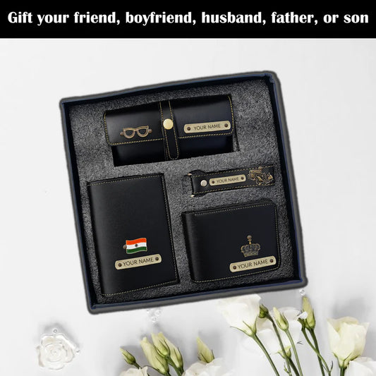 Personalized 4-in-1 Men's Travel Gift Set – Custom Name Passport Cover, Wallet, Eyewear Case & Keychain