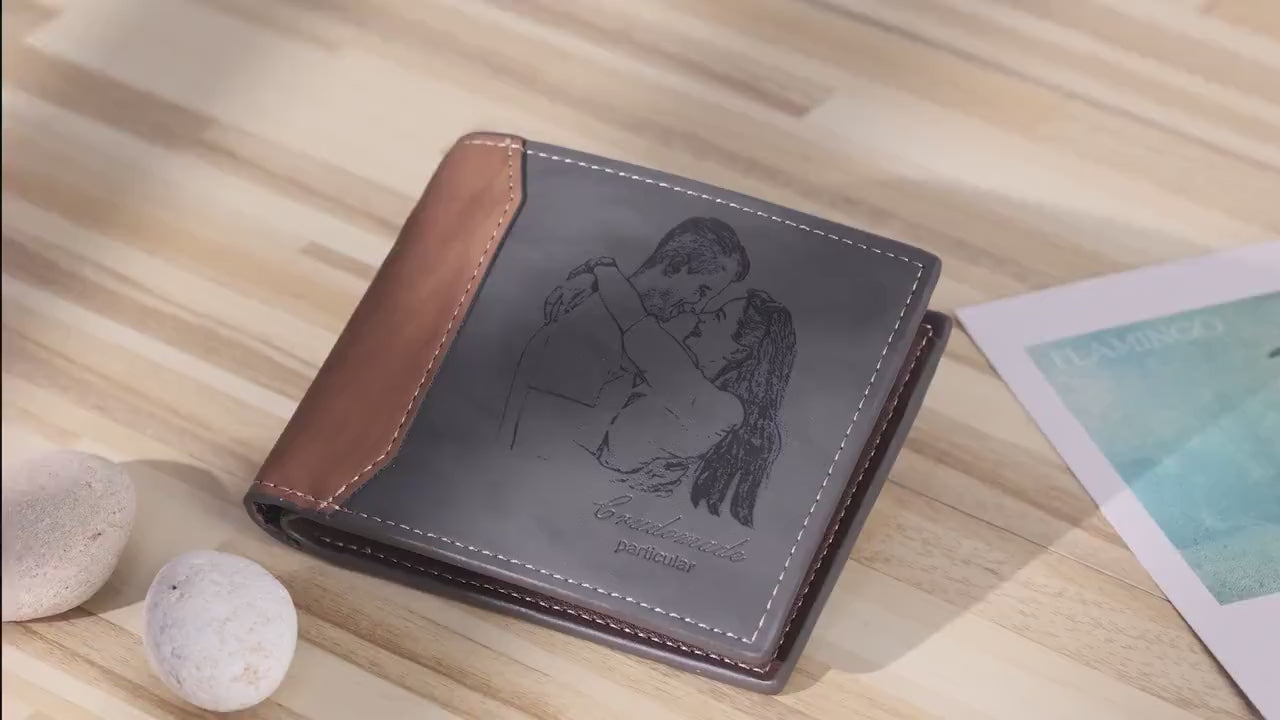 Custom Photo Engraved Men's Wallet – Personalized Dual-Tone Leather Bifold with Laser-Etched Picture and Monogram