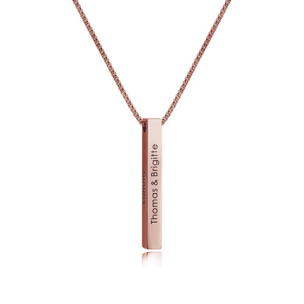 Rose gold necklace with a bar pendant on a white background