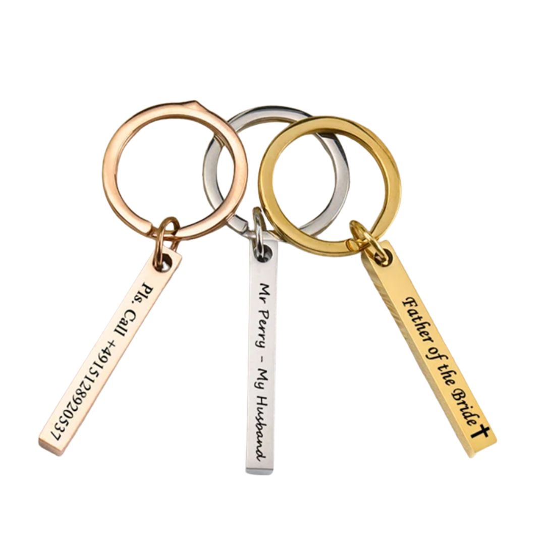 Personalized Wooden Bar Keychain | Custom Engraved 4-Sided Key Ring for Men & Dad