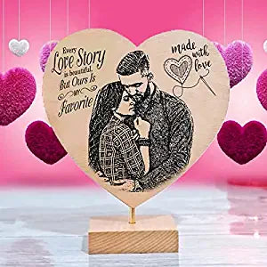 Sensy Gifts Personalized Gifts Customized Engraved Wooden Photo Frame with Text in Heart Shape Stand (15x18cm)