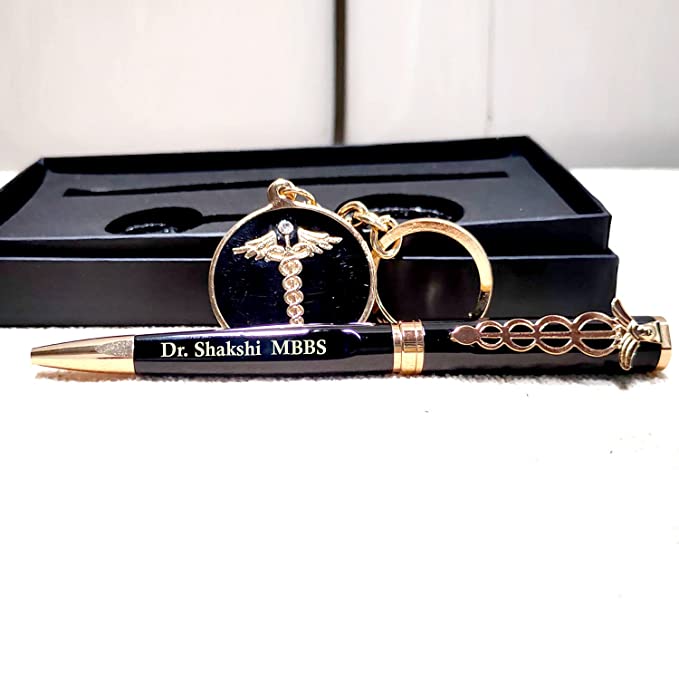 Sensy Gifts Doctor Personalized Matt black Ball Pen & Keychain With Your Name Engraved