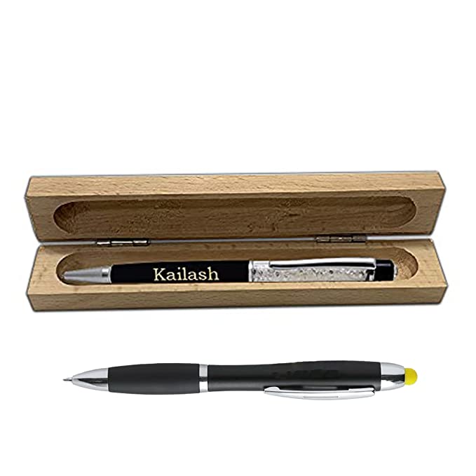 Shreya Creation Sensy Gifts Personalised Ball Point Metal Blue Pen with Wooden Penstand with Free LED PEN
