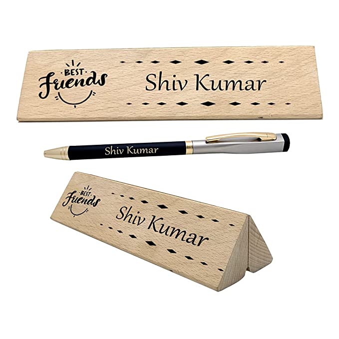 Shreya Creation Personalised Ball Point Metal Pen with Wooden Penstand for Gifting