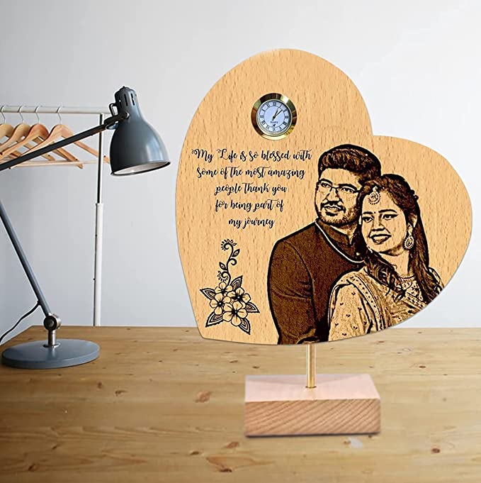 Sensy Gifts Personalized Wooden Engraved Heart Shaped Frame With Clock (15x19cm)